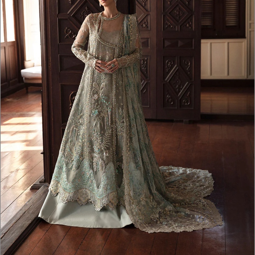 Embellished Green Lehenga with Square Neck and Bishop Sleeves